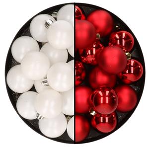 Decoris 32x stuks kunststof kerstballen mix van wit en rood 4 cm -