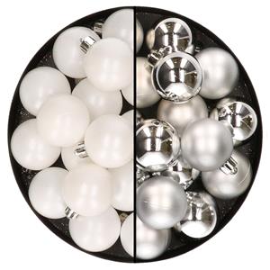 Decoris 32x stuks kunststof kerstballen mix van wit en zilver 4 cm -
