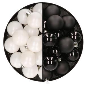Decoris 32x stuks kunststof kerstballen mix van wit en zwart 4 cm -