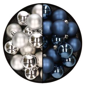Decoris 32x stuks kunststof kerstballen mix van zilver en donkerblauw 4 cm -