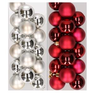 Decoris 32x stuks kunststof kerstballen mix van zilver en donkerrood 4 cm -