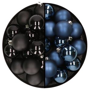 Decoris 32x stuks kunststof kerstballen mix van zwart en donkerblauw 4 cm -