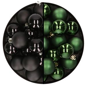 Decoris 32x stuks kunststof kerstballen mix van zwart en donkergroen 4 cm -