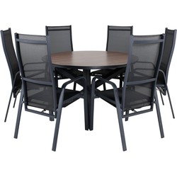 Hioshop Llama tuinmeubelset tafel Ø120cm en 6 stoel Copacabana zwart, bruin.