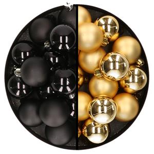 Decoris 32x stuks kunststof kerstballen mix van zwart en goud 4 cm -