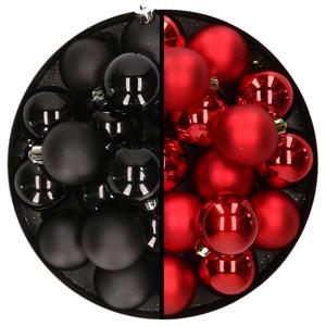 Decoris 32x stuks kunststof kerstballen mix van zwart en rood 4 cm -