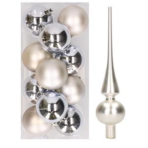 Decoris 12x Zilveren kunststof kerstballen met glazen piek mat -