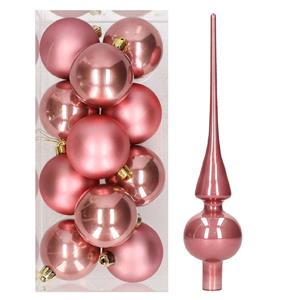 Bellatio Set van 12x stuks kunststof kerstballen 6 cm inclusief glazen piek lichtroze -