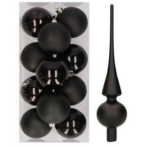 Decoris 12x Zwarte kunststof kerstballen met glazen piek mat -