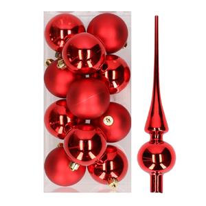 Decoris 12x Kerst rode kunststof kerstballen met glazen piek glans -