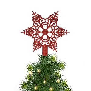 Decoris Kerstboom piek open kunststof kerst ster rood met glitters H19 cm -