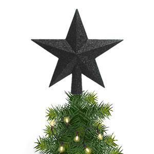 Decoris Kunststof piek kerst ster zwart met glitters H19 cm -
