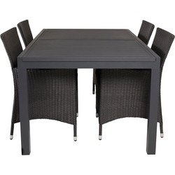 Hioshop Marbella tuinmeubelset tafel 100x160/240cm en 4 stoel Knick zwart.