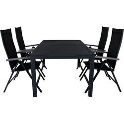 Hioshop Marbella tuinmeubelset tafel 100x160/240cm en 4 stoel Albany zwart.