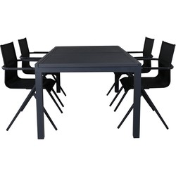 Hioshop Marbella tuinmeubelset tafel 100x160/240cm en 4 stoel Alina zwart.