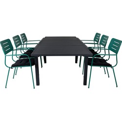 Hioshop Marbella tuinmeubelset tafel 100x160/240cm en 6 stoel armleuningG Nicke groen, zwart.