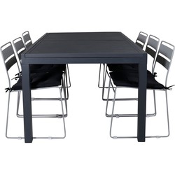 Hioshop Marbella tuinmeubelset tafel 100x160/240cm en 6 stoel Lina grijs, zwart.