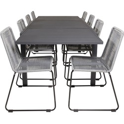 Hioshop Marbella tuinmeubelset tafel 100x160/240cm en 8 stoel Lindos zwart.