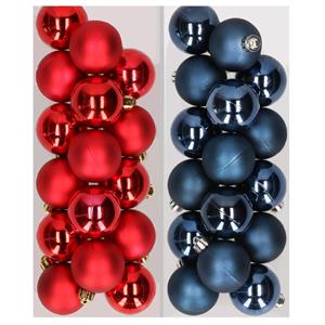 Decoris 32x stuks kunststof kerstballen mix van rood en donkerblauw 4 cm -
