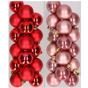 Decoris 32x stuks kunststof kerstballen mix van rood en oudroze 4 cm -