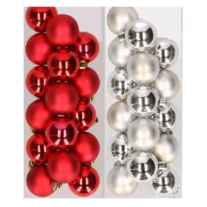 Decoris 32x stuks kunststof kerstballen mix van rood en zilver 4 cm -