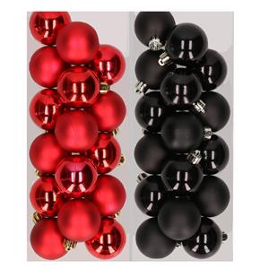 Decoris 32x stuks kunststof kerstballen mix van rood en zwart 4 cm -
