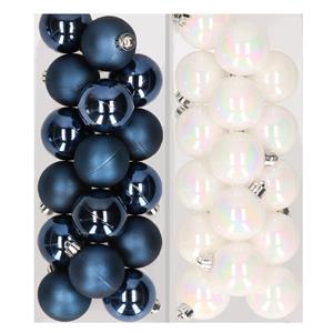 Decoris 32x stuks kunststof kerstballen mix van donkerblauw en parelmoer wit 4 cm -