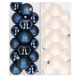 Decoris 32x stuks kunststof kerstballen mix van donkerblauw en wit 4 cm -