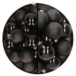 Decoris 28x stuks kunststof kerstballen zwart 4 en 6 cm -