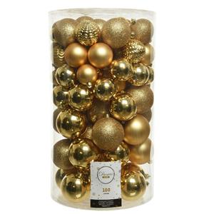 Decoris 100x stuks kunststof kerstballen goud 4, 5, 6, 7 en 8 cm -