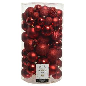 Decoris 100x stuks kunststof kerstballen rood 4, 5, 6, 7 en 8 cm -
