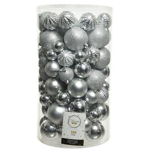 Decoris 100x stuks kunststof kerstballen zilver 4-5-6-7-8 cm -