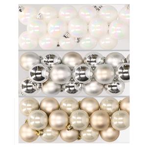 Decoris 48x stuks kunststof kerstballen mix van parelmoer wit, zilver en champagne 4 cm -