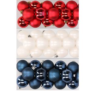Decoris 48x stuks kunststof kerstballen mix van rood, wit en donkerblauw 4 cm -