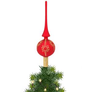 Bellatio Kerst piek van glas mat rood gedecoreerd H28 cm -