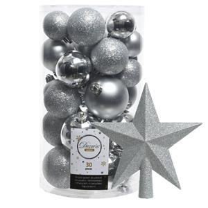 Decoris kerstballen 30x stuks - zilver 4/5/6 cm kunststof mat/glans/glitter mix en piek -