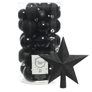 Decoris kerstballen 30x stuks - zwart 4/5/6 cm kunststof mat/glans/glitter mix en piek -