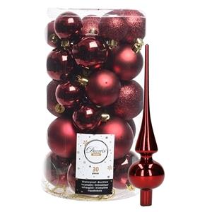 Decoris kerstballen 30x stuks - donkerrood 4/5/6 cm kunststof mat/glans/glitter mix en piek -