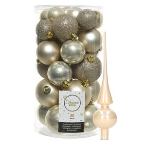 Decoris kerstballen 30x stuks - licht champagne 4/5/6 cm kunststof mat/glans/glitter mix en piek -
