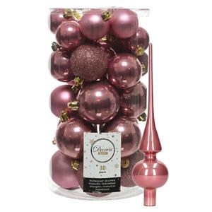 Decoris kerstballen 30x stuks - oud roze 4/5/6 cm kunststof mat/glans/glitter mix en piek -