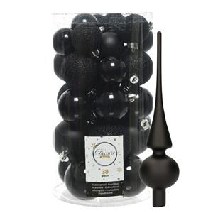 Decoris kerstballen 30x stuks - zwart 4/5/6 cm kunststof mat/glans/glitter mix en piek -