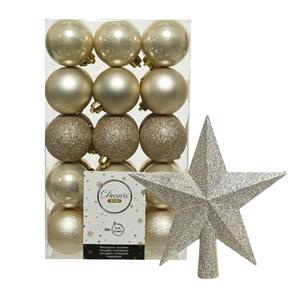 Decoris 30x stuks kunststof kerstballen 6 cm inclusief ster piek champagne -