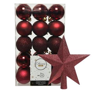 Decoris 30x stuks kunststof kerstballen 6 cm inclusief ster piek donkerrood -