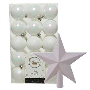 Decoris 30x stuks kunststof kerstballen 6 cm inclusief ster piek parelmoer wit -