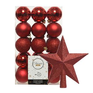 Decoris 30x stuks kunststof kerstballen 6 cm inclusief ster piek rood -