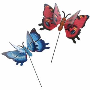 Decoris 2x Stuks Metalen Deco Vlinders Rood En Blauw Van 11 X 70 Cm Op Tuinstekers - Tuinbeelden