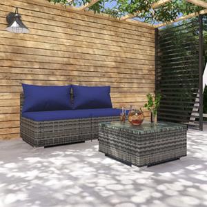 VidaXL 3-delige Loungeset Met Kussens Poly Rattan Grijs