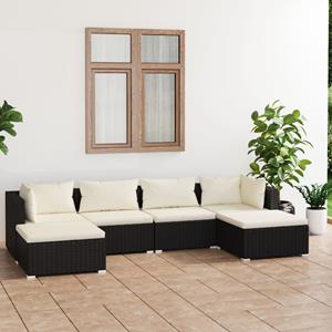 VidaXL 6-delige Loungeset Met Kussens Poly Rattan Zwart