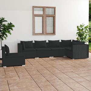 VidaXL 6-delige Loungeset Met Kussens Poly Rattan Zwart