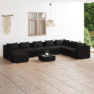 VidaXL 9-delige Loungeset Met Kussens Poly Rattan Zwart